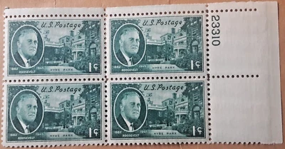 1945 President F.D. Roosevelt- Hyde Park Stamp Plate #23310 Block of 4 Env#1 MNH - Image 1 of 2
