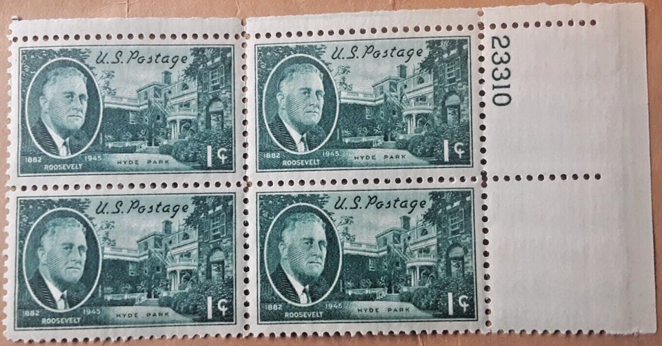 1945 President F.D. Roosevelt- Hyde Park Stamp Plate #23310 Block of 4 Env#1 MNH - Image 1 of 2
