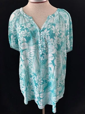 Kim Rogers blouse top size L button up short sleeve V neck blue floral - Image 1 of 4