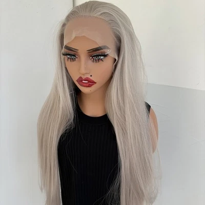 Long Straight Silver gray Synthetic Hair Pre Plucked Layered Frontal Lace Wigs - Image 1 of 4