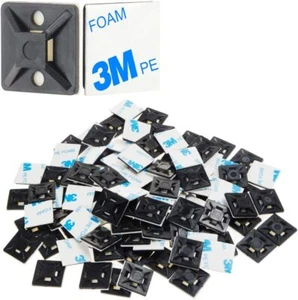 100 PCS 3/4" Black Self Adhesive Cable Zip Tie Mounts Wire Cable Clips Holders - Picture 1 of 3