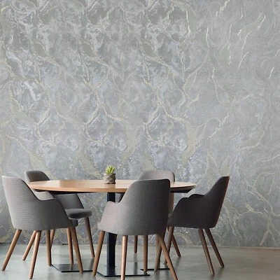 Gray silver brass metallic pearl faux plaster textured abstract waves Wallpaper - Image 1 of 4