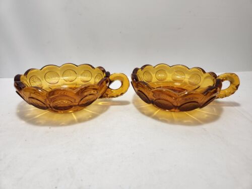 Pair Fostoria Amber Coin Glass Candy  Dish Nappy 1887 Liberty 6.5 x 5.5" VTG