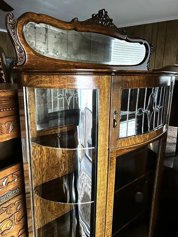 Antique Oak Curved Glass China Hutch Curio Leaded Mirror Carved Ornate Locks Key Cover