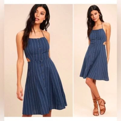 Новый ASTR Paulina синий джинсовой ткани в полоску с бретелью через шею платье размер большой - Изображение 1 из 4