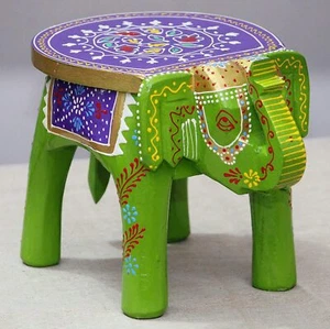 Handcrafted & Emboss Painted Colorful Wooden Elephant Stool Cum Side Table - Picture 1 of 3