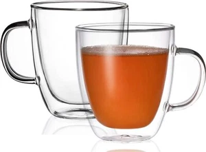 Glass Coffee Mug Set of 2 - Double Wall Clear Espresso Cup with Large Handle ... - Picture 1 of 1