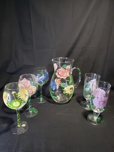 Pitcher and Two Sets of Glasses Hand Painted Spring Flowers - Picture 1 of 18