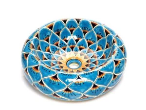 Lavabo de comptoir rond mexicain 40 cm céramique Talavera évier coloré - Azura - Photo 1 sur 9