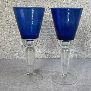 Vintage Blown Glass Large Water Goblet Glasses Set 2 Cobalt Blue with Air Bubble - Picture 1 of 4