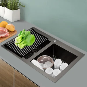 33x22" Drop in Kitchen Sink Double Bowl Gunmetal Black Stainless Steel - Picture 1 of 21