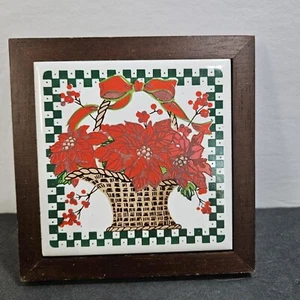Christmas Holiday Poinsettia Ceramic Trivet Wall Plaque in Wooden Frame ~NEW - Picture 1 of 9