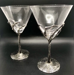 x2 Skeleton Hand Martini Wine Glass HALLOWEEN Silver Metal Gothic - Picture 1 of 10