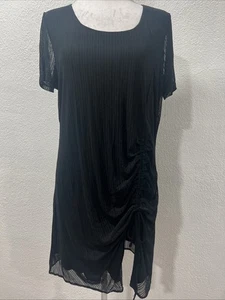 ALFANI Womens Black Ruched Short Cap Sleeve Sheer Textured Overlay Size Medium - Picture 1 of 13