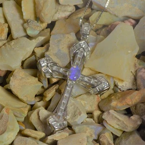 Solid Crystal Opal Pendant Cross Shaped Necklace Lightning Ridge Opal Silver - Picture 1 of 6
