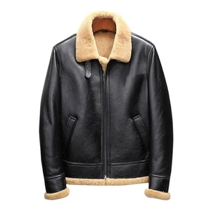 Men's Black Genuine Leather Shearling Sheepskin Fur Lined Aviator Bomber Jacket - Picture 1 of 9