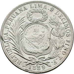 ☆ GUATEMALA 1894 • PESO 1/2 REAL ☆ GEGENMARKIERT AUF 1889 PERU SOL ☆ KM# 224 ☆D1333 - Bild 1 von 4