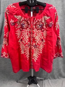 Johnny Was Coral Linen Top Heavily Embroidered Tunic Boho Peasant Blouse Size XL - Picture 1 of 9