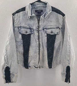 Vintage 80er L.A. Blues Denim Crop Jeansjacke Gr. 26/28 Acid Wash schwarz Spitze Mesh - Bild 1 von 23