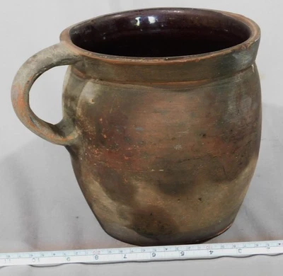 Antique redware storage crock bean pot glazed 18th 19th c. Pennsylvania oval - Image 1 of 4