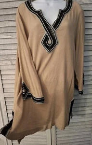 Soft Surroundings Womens 1x Tunic Top Tan Brown w Black Beading Boho Cotton - Picture 1 of 8