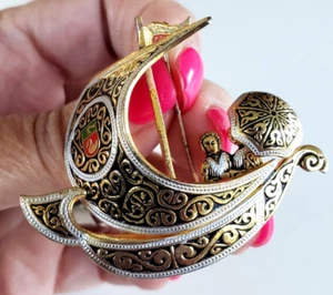 Vintage Spain Toledoware Sailboat Ship Gold Tone Pin 1-7/8" - Picture 1 of 4