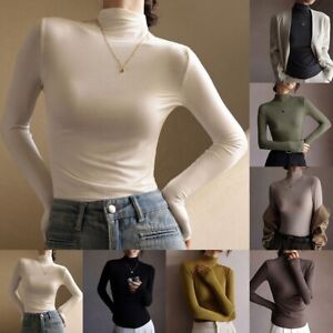 Women's Solid Color Turtleneck Top Soft Stretch and Slim Fit Shirt (Grey)