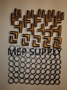 1/2" PEX ELBOW TEE COUPLING FITTINGS COPPER CRIMP RINGS, LEAD FREE BRASS 100pcs  - Picture 1 of 1