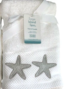 Sage Spa Hand Towels Starfish White Set of 2 Beach Summer House Embroidered - Picture 1 of 12
