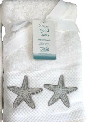 Sage Spa Hand Towels Set of 2 Starfish White Beach Summer House Embroidered - Image 1 of 4