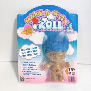 Make A Wish Troll Doll Blue Hair Squeeze Belly New in Package NIP Vintage 1990s - Picture 1 of 3