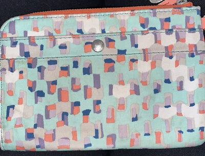 Fossil Coated Canvas Peach Leather Trim Wallet  Wristlet Zipper Purse Abstract - Imagem 1 de 4