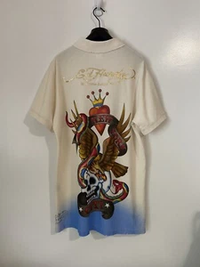 NWT Ed Hardy By Christian Audigier Mens Polo Pique Top Shirt L White/Blue - Picture 1 of 10