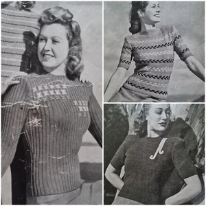 1940s Chevron Cable Chain Eyelet Lace Diamond Patons 195 Knitting Pattern - Foto 1 di 10