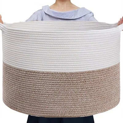 Extra Large Blanket Basket, Handmade Brown Cotton Rope Storage Basket with Ha... - Image 1 of 4