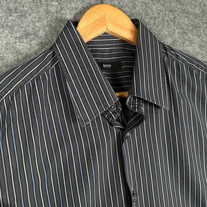 Hugo Boss Shirt Mens 16.5" Collar Black Striped Long Sleeve Regular Fit Vintage - Picture 1 of 14