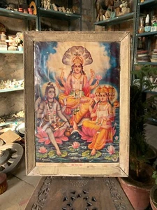 Original Vintage Brahma Vishnu Mahesh Hindu Lithograph Print Framed 22X16.5" - Picture 1 of 8