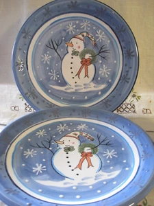 Pair WINTERTIME SNOW MAN SNOWFLAKE LUNCH PLATES LT BLUE CERAMIC~ PACIFIC RIM VGC - Picture 1 of 4