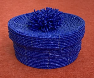 Handcrafted 12cm Balinese Gift Box Basket w/lid Wire Construction & Blue Beads - Picture 1 of 13
