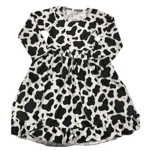 Cow Print Full Sleeve Round Neck Cotton / Spandex Girls Dress, 2T-7Y - Picture 1 of 1