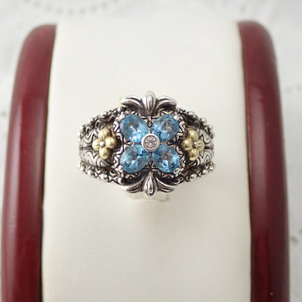 Anillo Barbara Bixby Topacio Azul Flor Espinela Transparente Plata de Ley 18K Talla 8 14g Foto 1 de 4