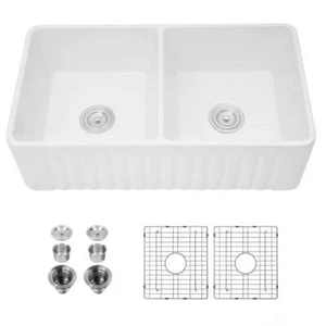 Ceramic White 33" x 18" Kitchen Double Basin Farmhouse Sink Rectangular Vessel S - Picture 1 of 9