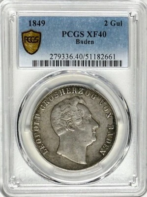 German States BADEN - Leopold I - 2 Gulden 1849 - Km-222 - PCGS XF40 - KEY DATE! - Image 1 of 2