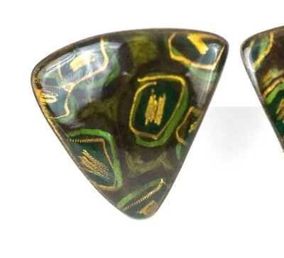 Enamel on Copper Clip On Earrings Green Gold Geometric Triangle 1.5 in x 1.5 in  - Image 1 of 4