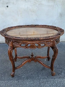 1930s French Style Walnut Carved Side Table with Glass Top - Tray Accent - Picture 1 of 17