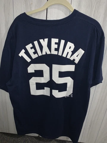 Mark Teixeira Large L New York Yankees Shirt Navy Jersey Majestic 25 Cover