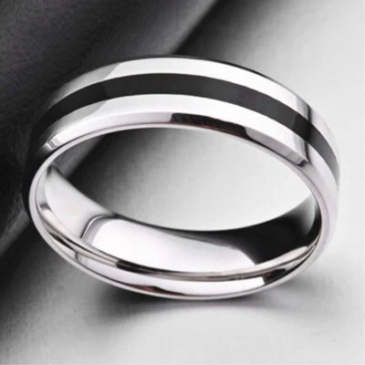 Alianzas de boda de plata esmaltadas negras de acero titanio de 6 mm para hombre talla 7/8/9/10/11 Foto 1 de 4