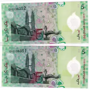 Mazuma *M5220 Malaysia Zeti 11th Polymer $5 CH3336351-352 2 Running UNC - Picture 1 of 2