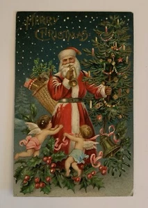 Vintage Postkarte Frohe Weihnachten Weihnachtsmann roter Mantel Bugle Cherub Baum Glocke - Bild 1 von 12