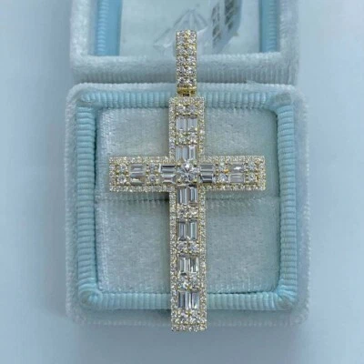 Nuevo colgante cruz diamante talla baguette de 3 quilates VVS1 oro amarillo de 14 quilates sobre cadena gratis Foto 1 de 3